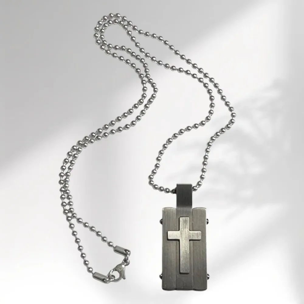 Mens Cross Necklace Dog Tag Chain Gunmetal Stainless Steel Christian Religious